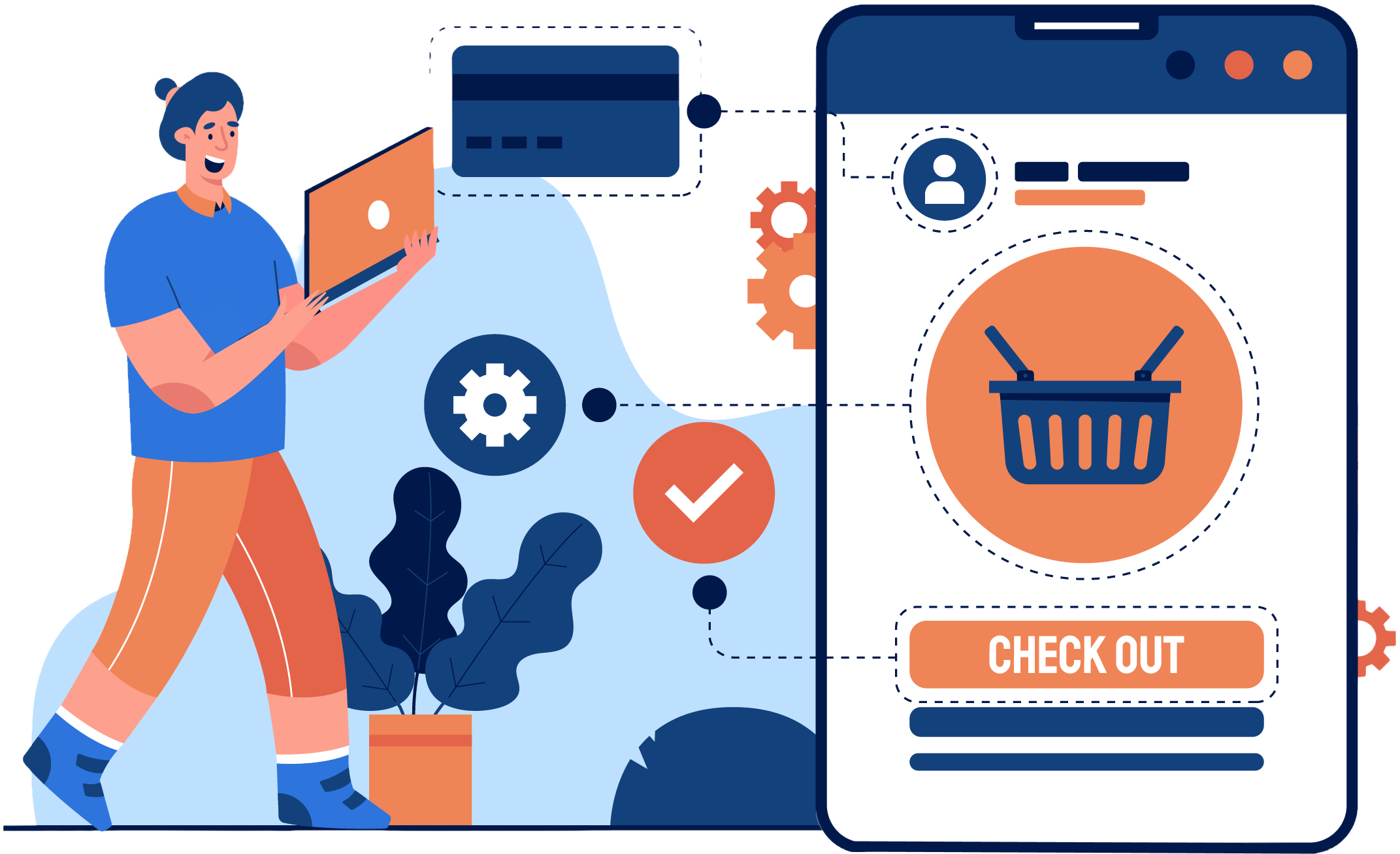 Tablet with an ecommerce checkout page with at the side a checkmark connected via a dotted line with the checkout button.
