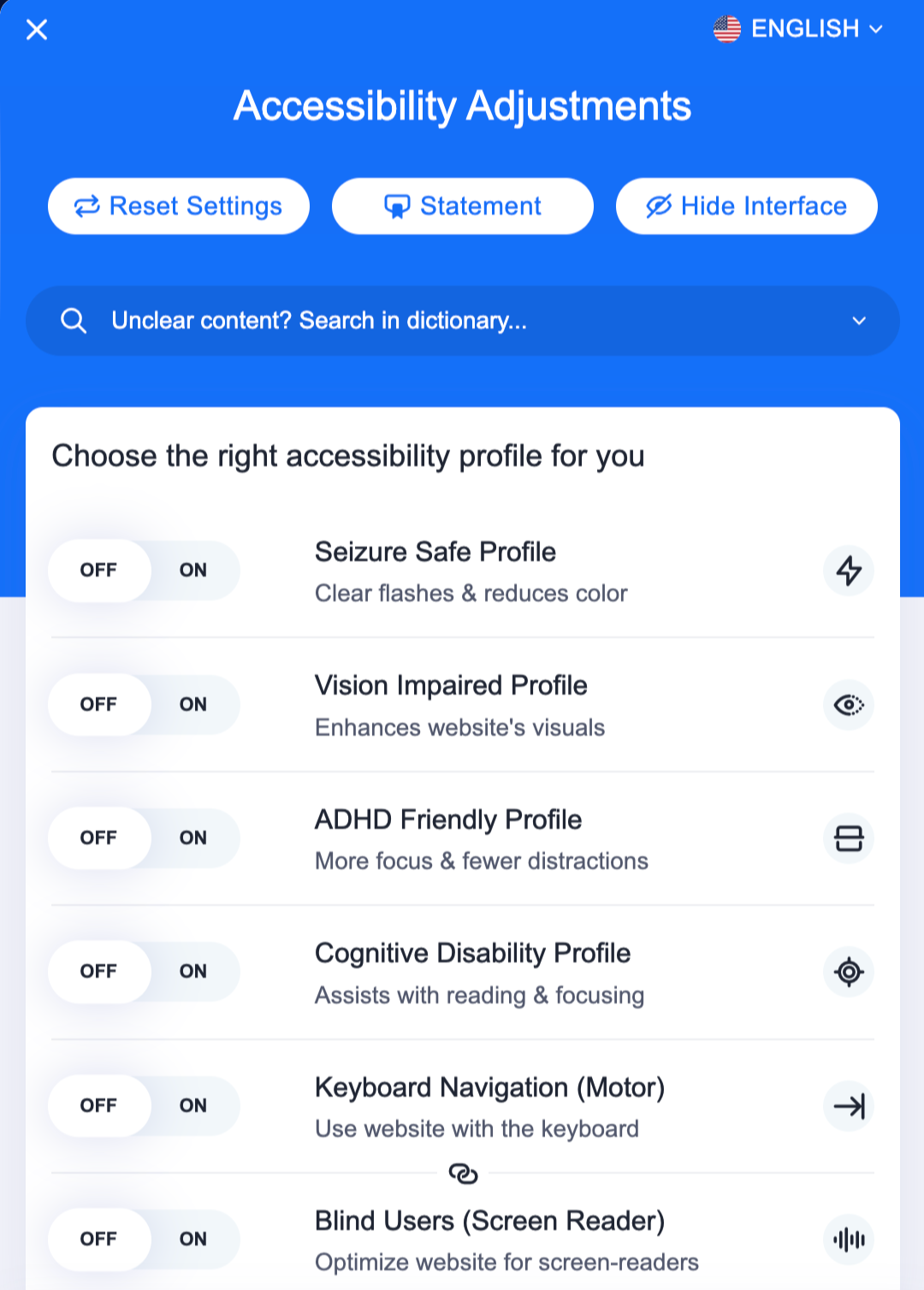 An accessibility widget on a website that provides some options to change the website design and functionality.