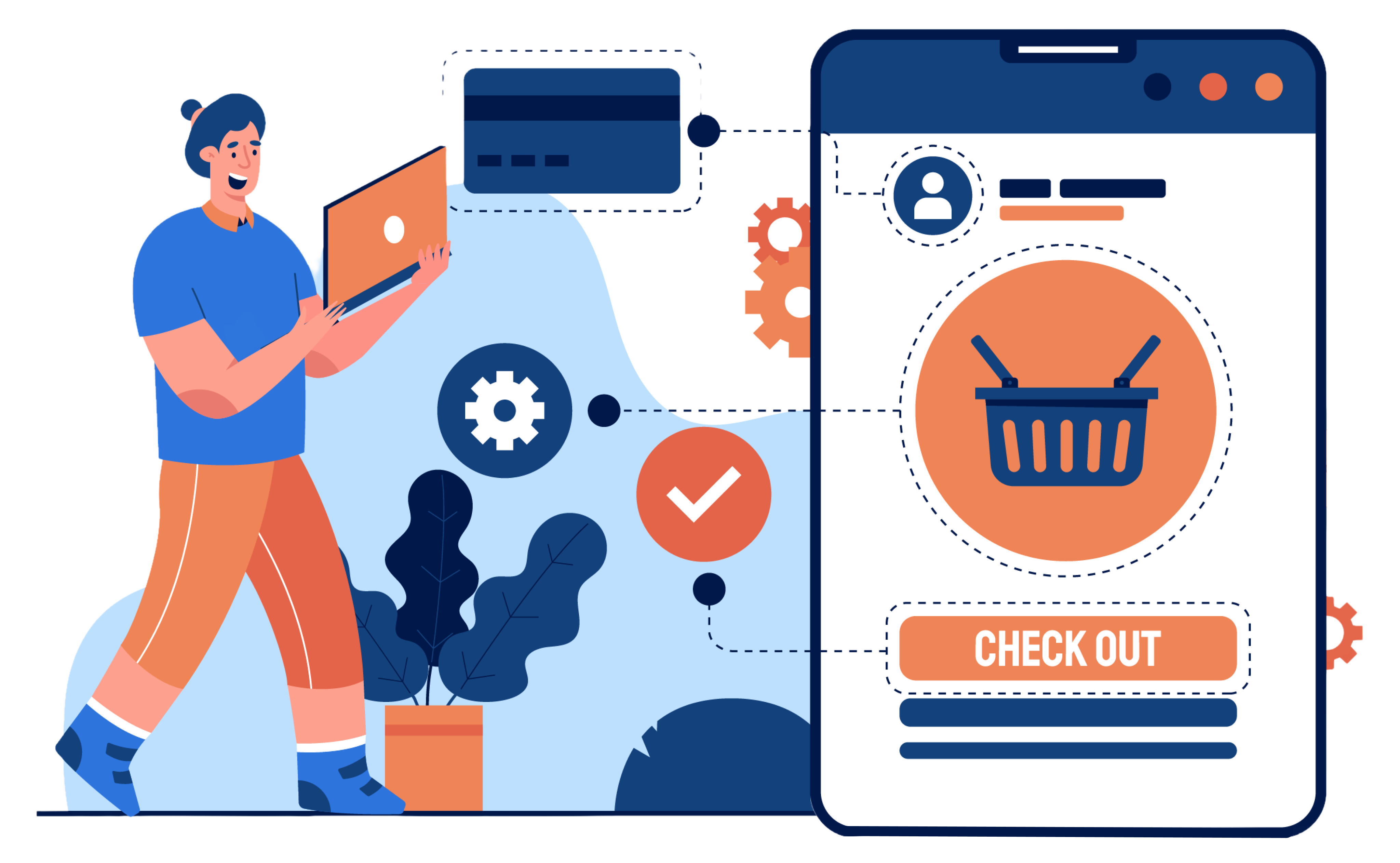 A tablet with an e-commerce website open with a checkout button. The checkout button has a green checkmark and the person next to the tablet is smiling.