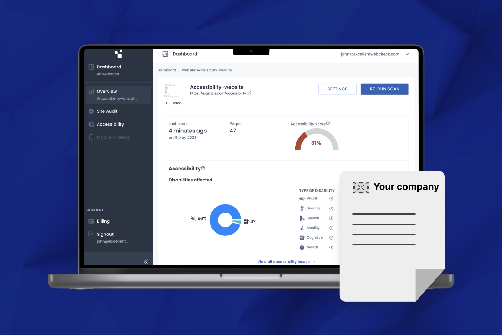 Macbook met het ExcellentWebCheck dashboard met daarbovenop een white label rapport