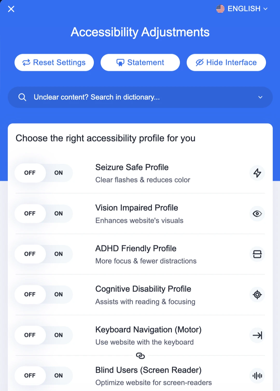 An accessibility widget on a website that provides some options to change the website design and functionality.