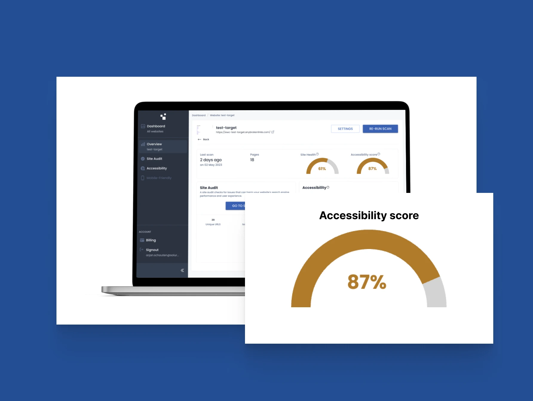 Dashboard with metrics of how good a website performs on SEO and Accessibility with elevated accessibility score of 87% of checks succeeded.