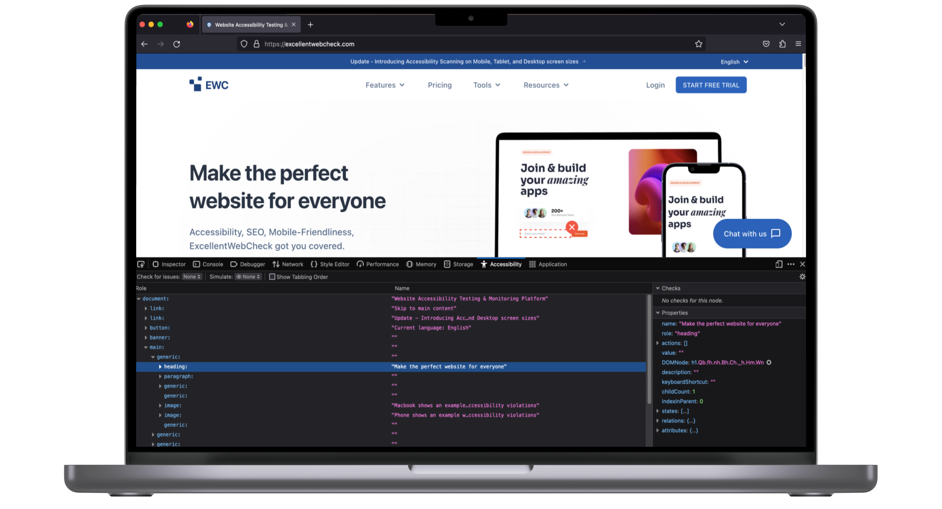 De Accessibility Tree in Firefox met een heading geselecteerd in de tree