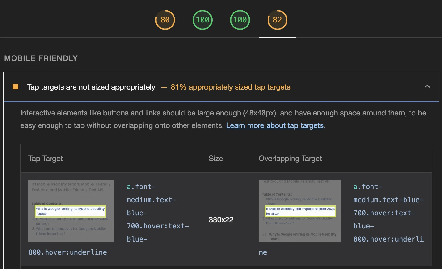 Screenshot of Chrome Lighthouse with the Mobile-Friendly section open which shows that Tap targets are to small