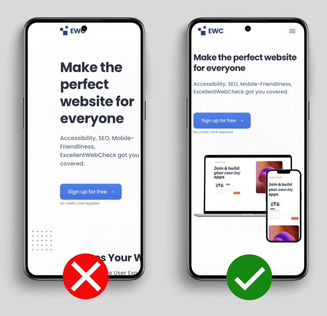 Left an example of what happens when there is no or an invalid viewport tag, and on the right an example of a correct viewport meta tag