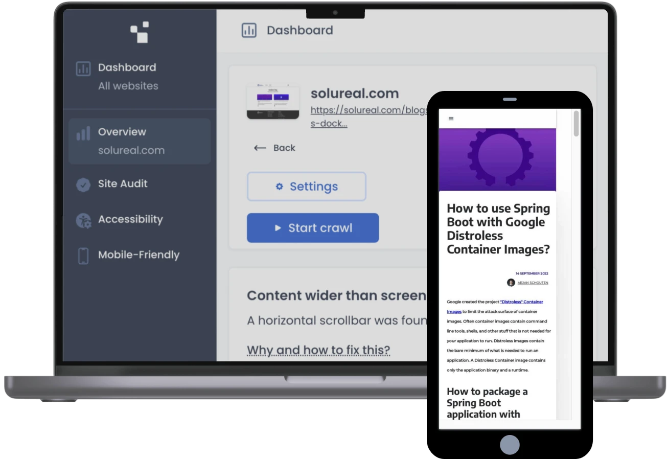Het dashboard van ExcellentWebCheck getoond op een macbook met het Content wider than screen probleem geopend