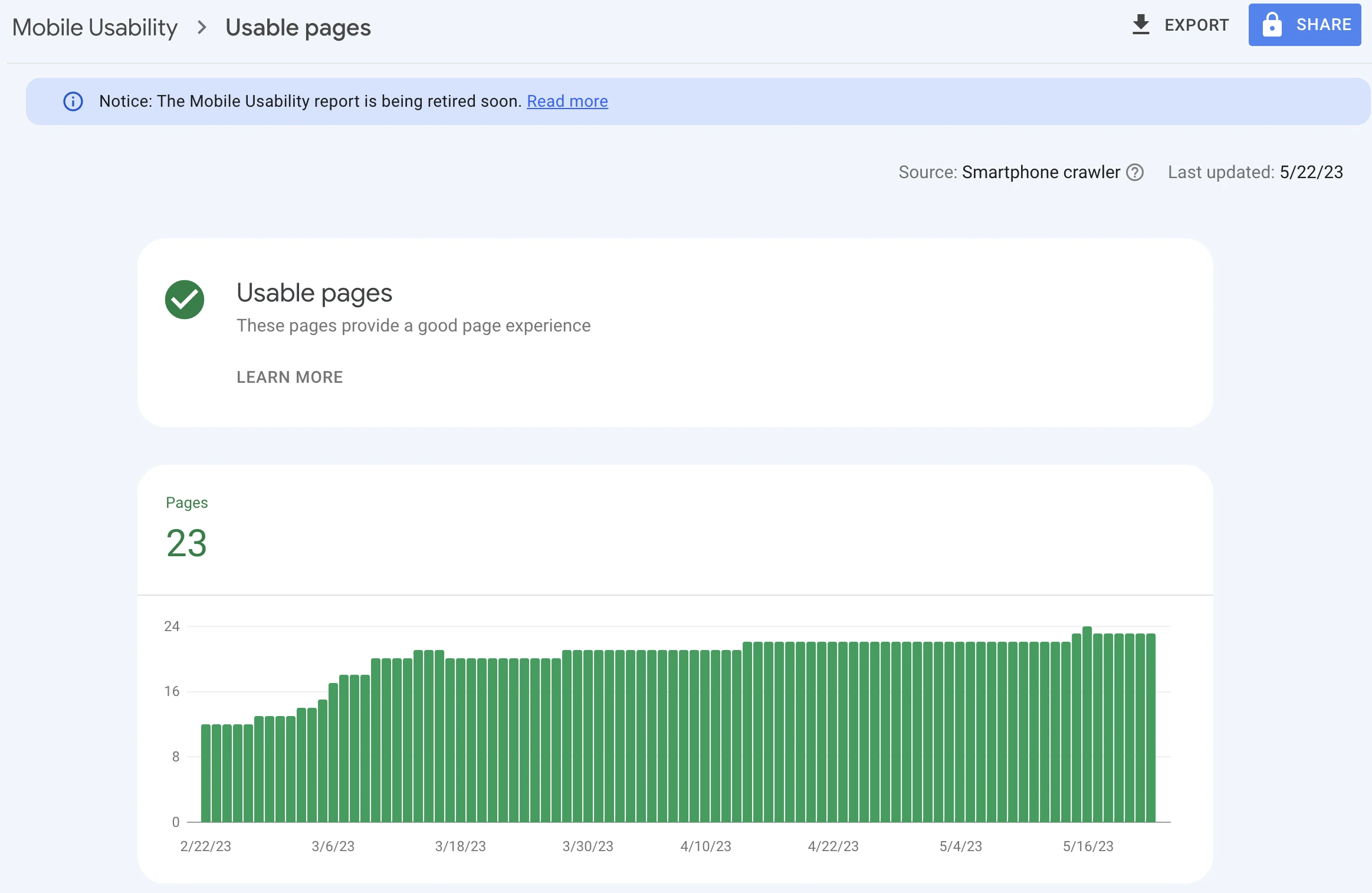 Screenshot of the Mobile-Usability tab in Google Search Console with the announcement of the retirement of Mobile-Usability in Search Console