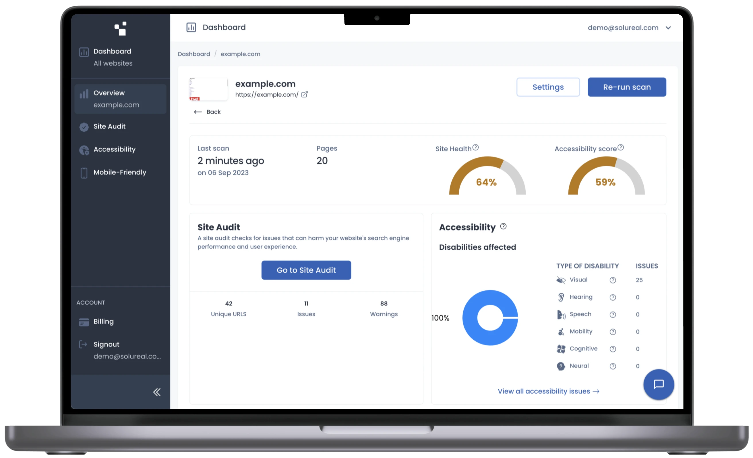 ExcellentWebCheck's dashboard toont accessibility scores voor een website