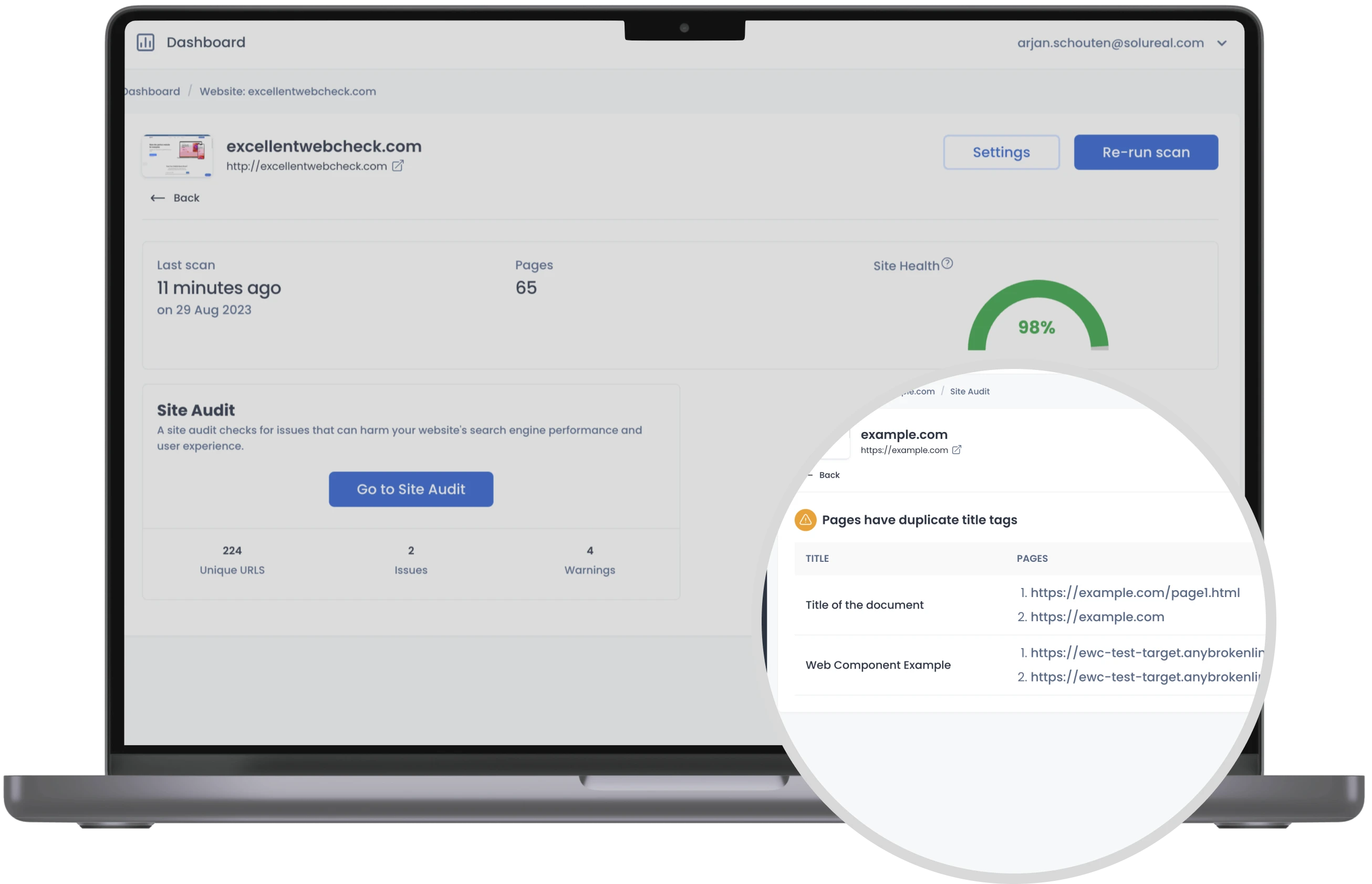 A Macbook has the ExcellentWebCheck dashboard open with the Site Audit tab opened. In the corner the issue with duplicate title tags is highlighted.